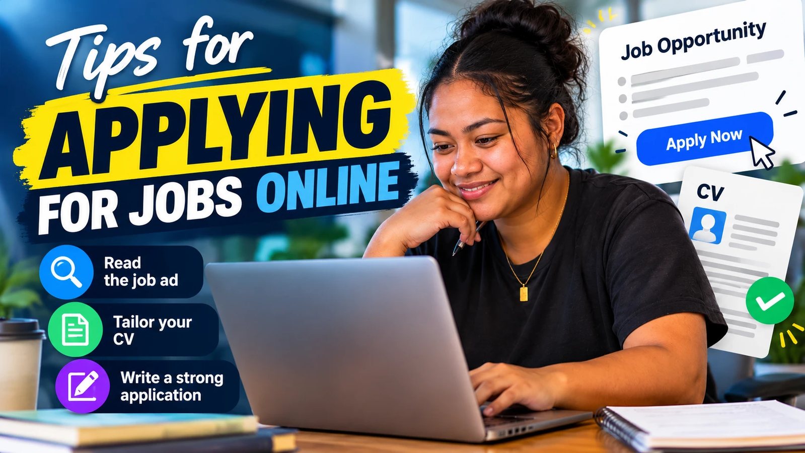 Tips for Applying for Jobs Online. A woman smiles at her laptop with a job opportunity and a CV floating beside her. Three icons down the side read Read the job ad, Tailor your CV, and Write a strong application.