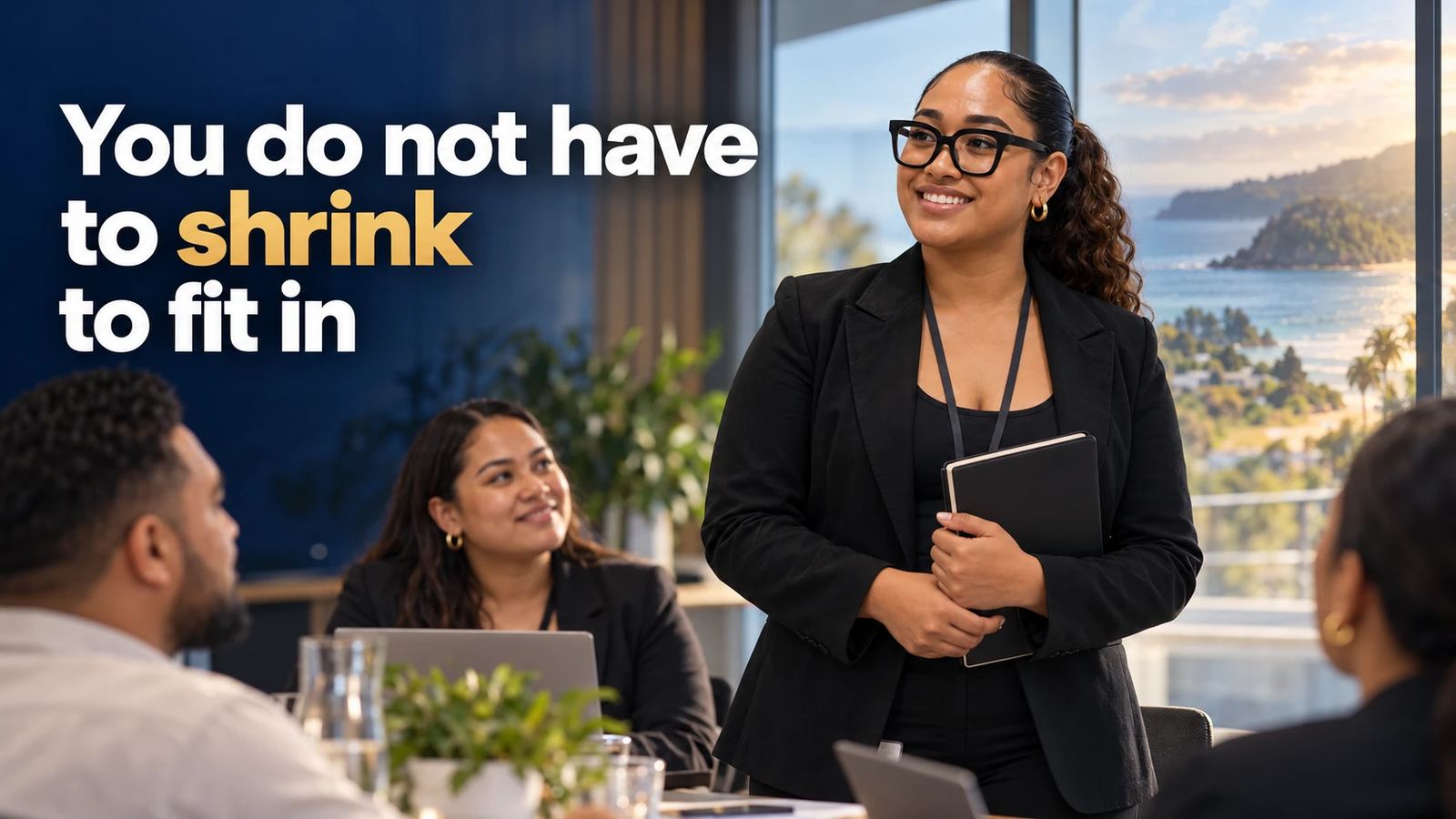 You do not have to shrink to fit in. A woman in a black blazer stands and speaks at a meeting table while her colleagues look up at her, a coastline visible through the window behind.