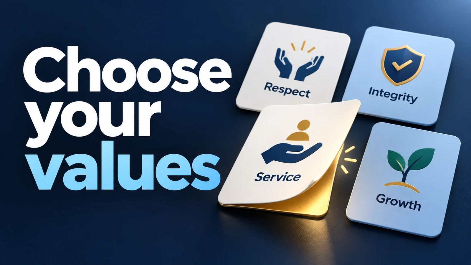 Choose your values. Four cards on a dark blue background, each with a symbol and a word: Respect, Integrity, Service and Growth. The Service card is lifting at one corner as though about to be turned over.