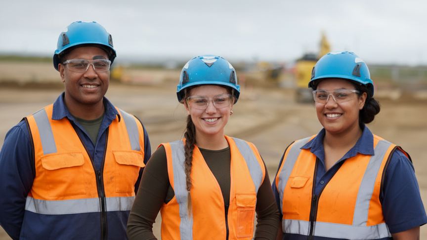 Three workers in hi vis vests and hard hats standing together on a worksite, smiling