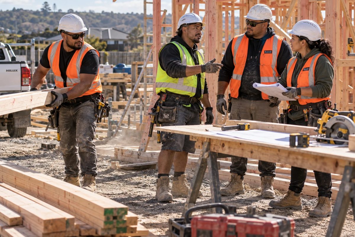 Four builders stand talking on a house site at frame stage, all in hard hats, hi vis vests, work trousers and steel capped boots, three of them in safety glasses and gloves.