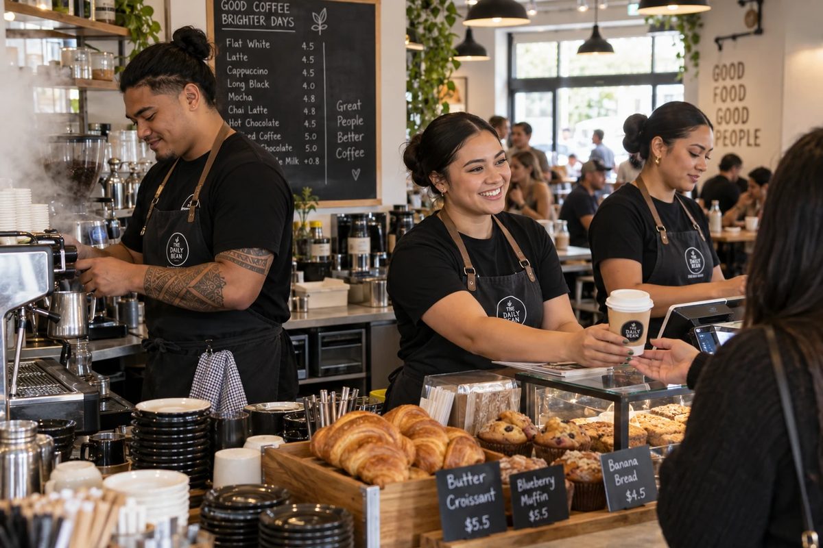 Three cafe staff behind the counter in matching black tee shirts and aprons, hair tied back. One is making coffee at the machine, one is handing a takeaway cup to a customer, one is at the till.