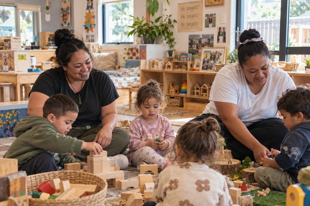 Two teachers sit on the floor among four children in an early childhood centre, both in plain tee shirts and loose trousers with their hair tied back, playing with wooden blocks. He tangata is written on the wall behind them.