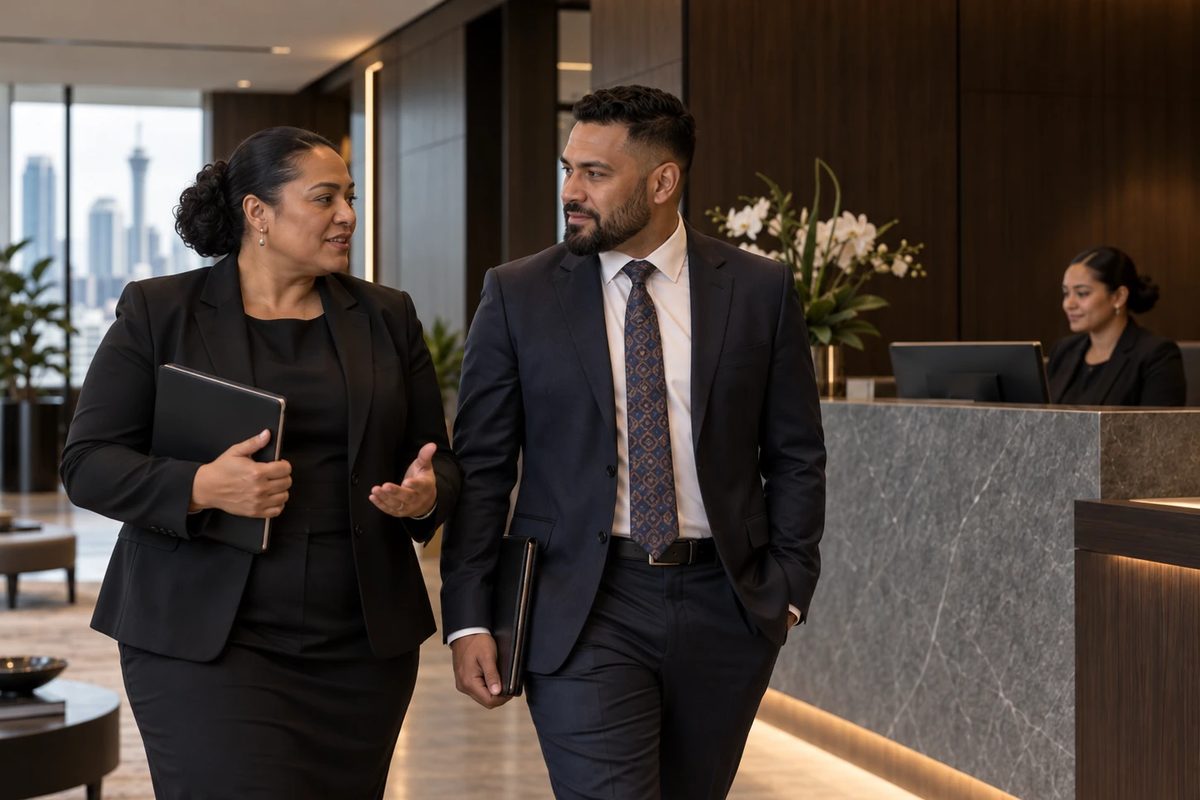 Two people in dark suits walk together through the reception of a law firm, both carrying folders, with a receptionist at the stone counter behind them.