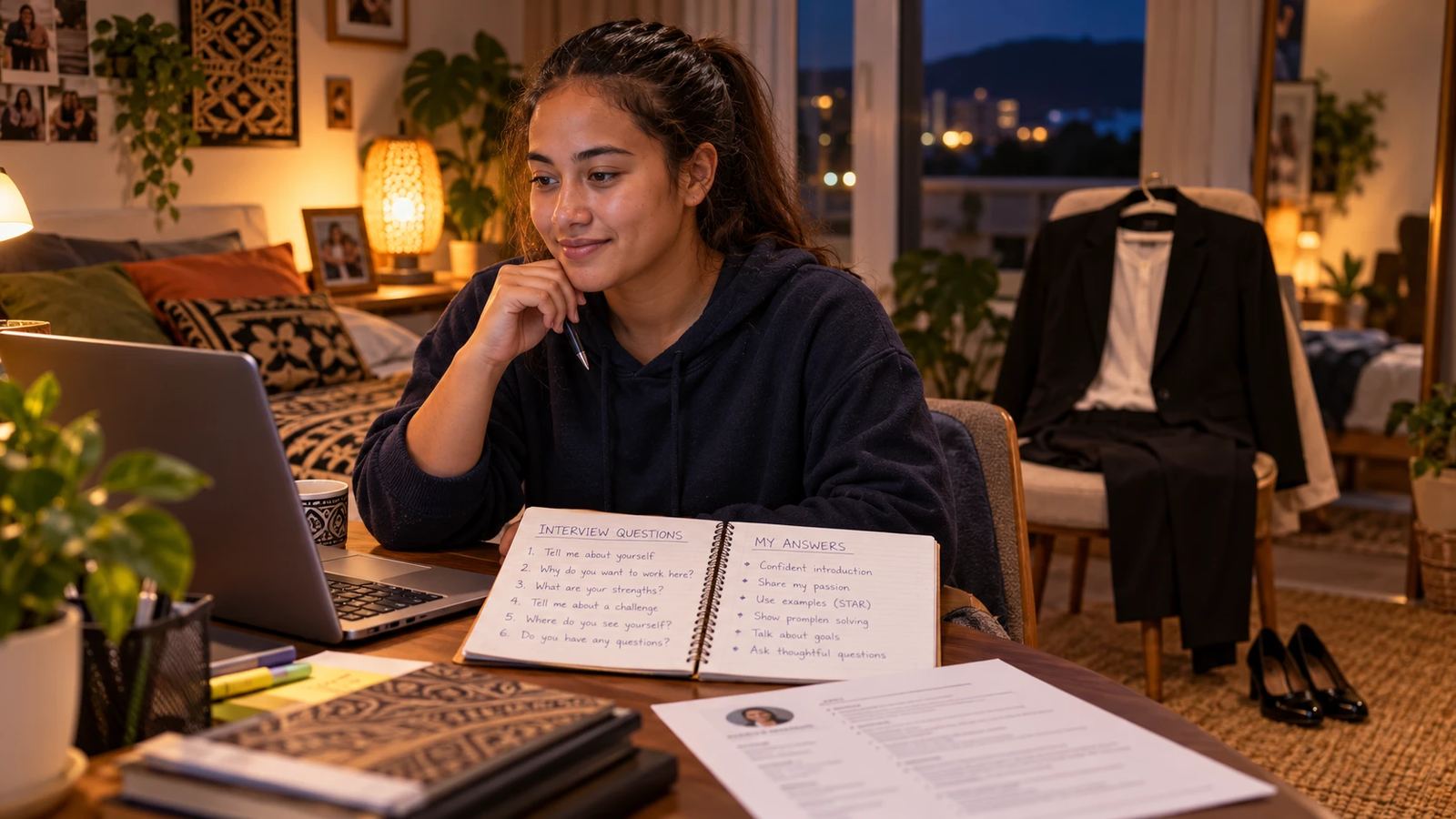 A young woman at a desk at night, laptop open, going over an open notebook headed Interview Questions on one page and My Answers on the other. A suit jacket and trousers hang ready on a chair beside her with shoes underneath, and her CV is on the table.