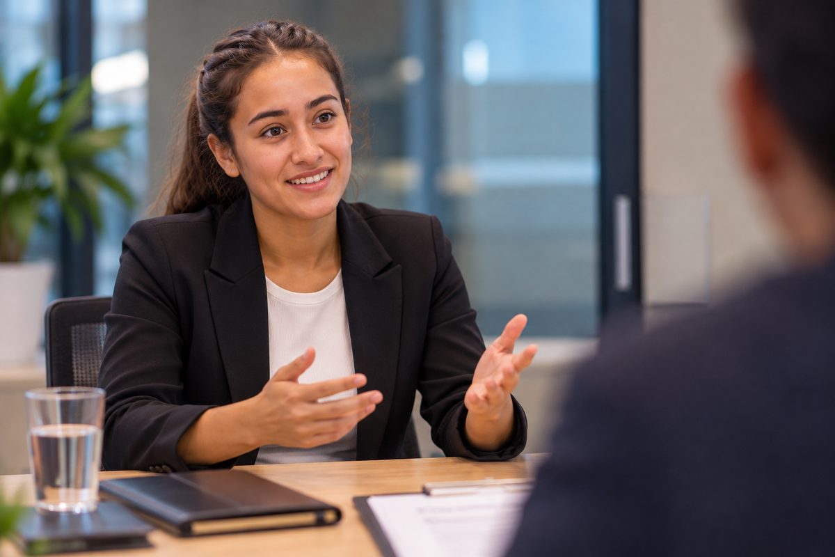 A woman in a black blazer sits across a table from an interviewer, smiling and talking with her hands as she answers.