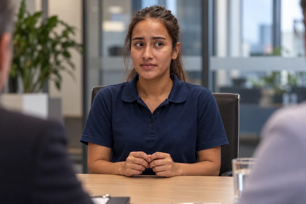A young woman in a navy polo shirt sits across a boardroom table from two interviewers, hands together, looking caught out by a question.