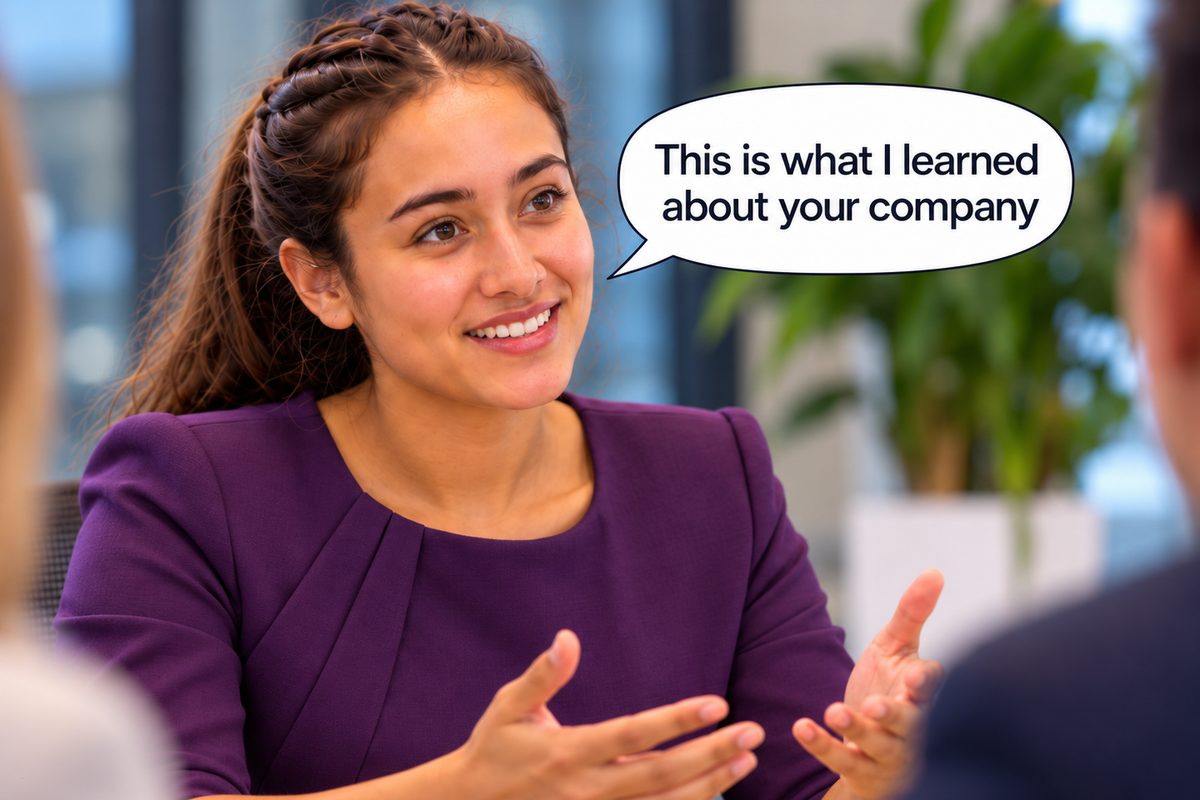 A woman in a purple top talks with her hands at an interview table, with a speech bubble beside her reading This is what I learned about your company.