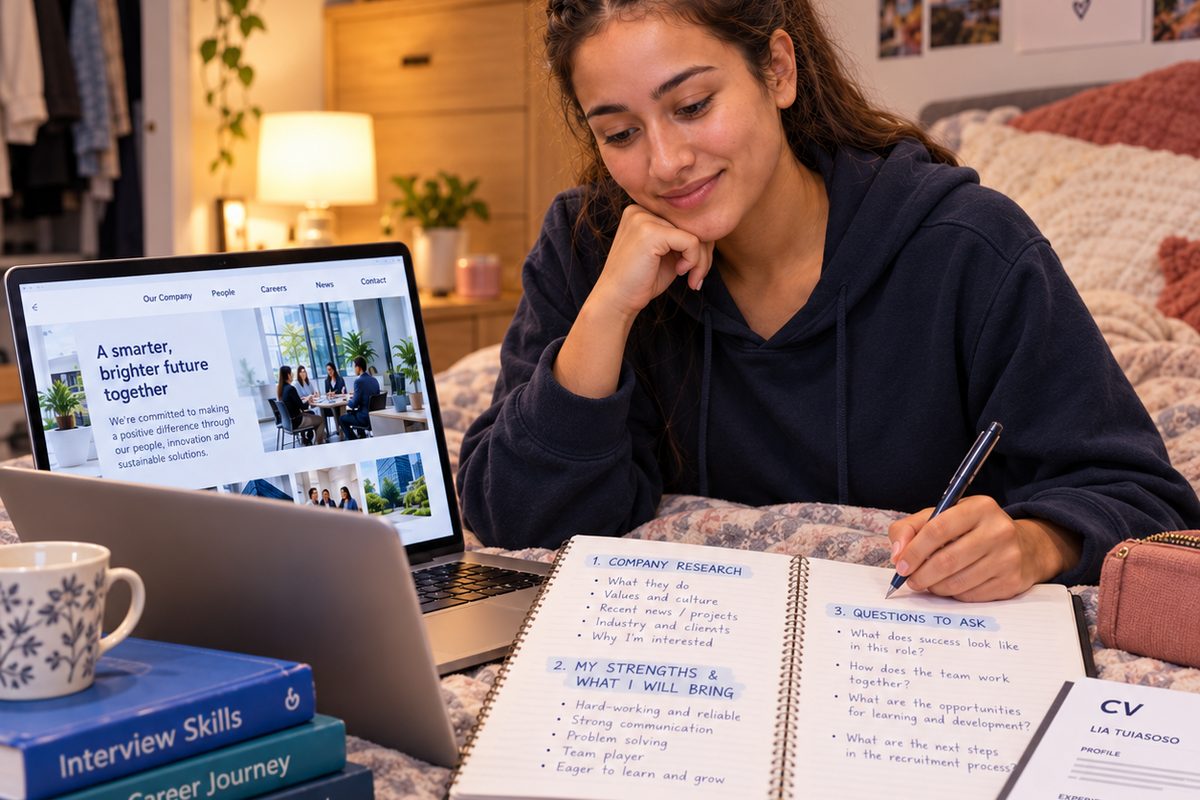 A woman on her bed with a laptop open on a company website, writing in a notebook headed Company research, My strengths and what I will bring, and Questions to ask, with her CV beside her.