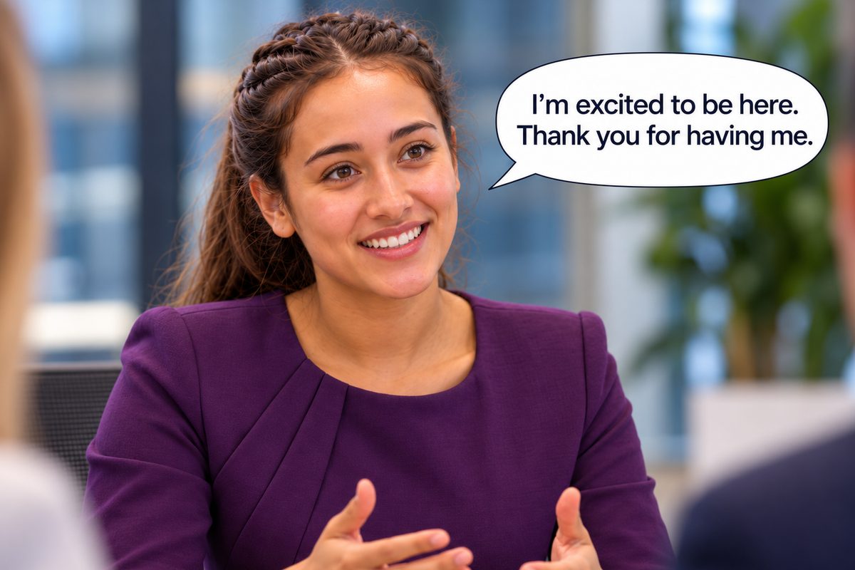 A woman in a purple top smiles warmly at an interview table, hands open mid sentence, with a speech bubble beside her reading I'm excited to be here. Thank you for having me.