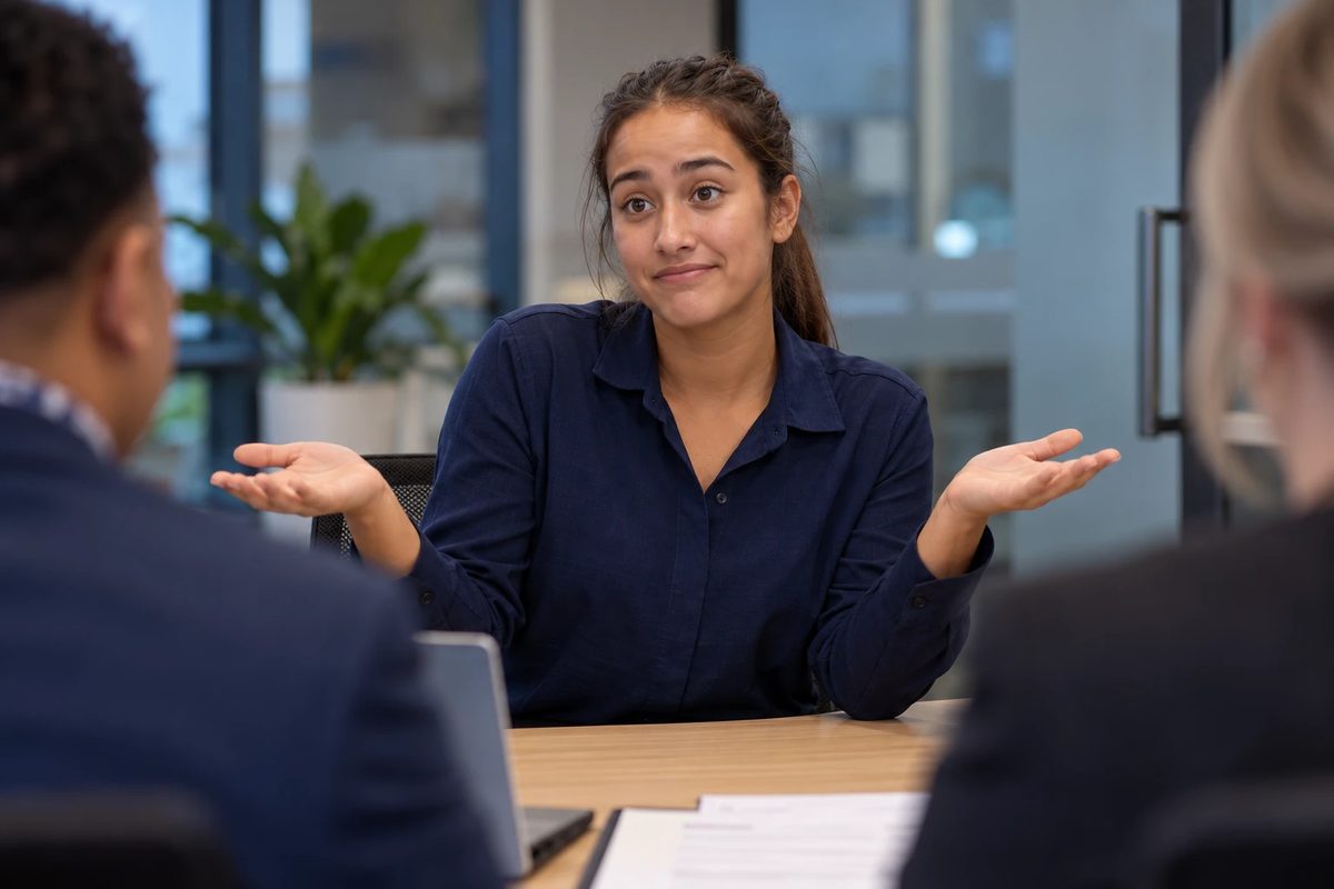 A woman in a navy shirt at an interview table shrugs with both palms up and a small apologetic smile, two interviewers in the foreground.