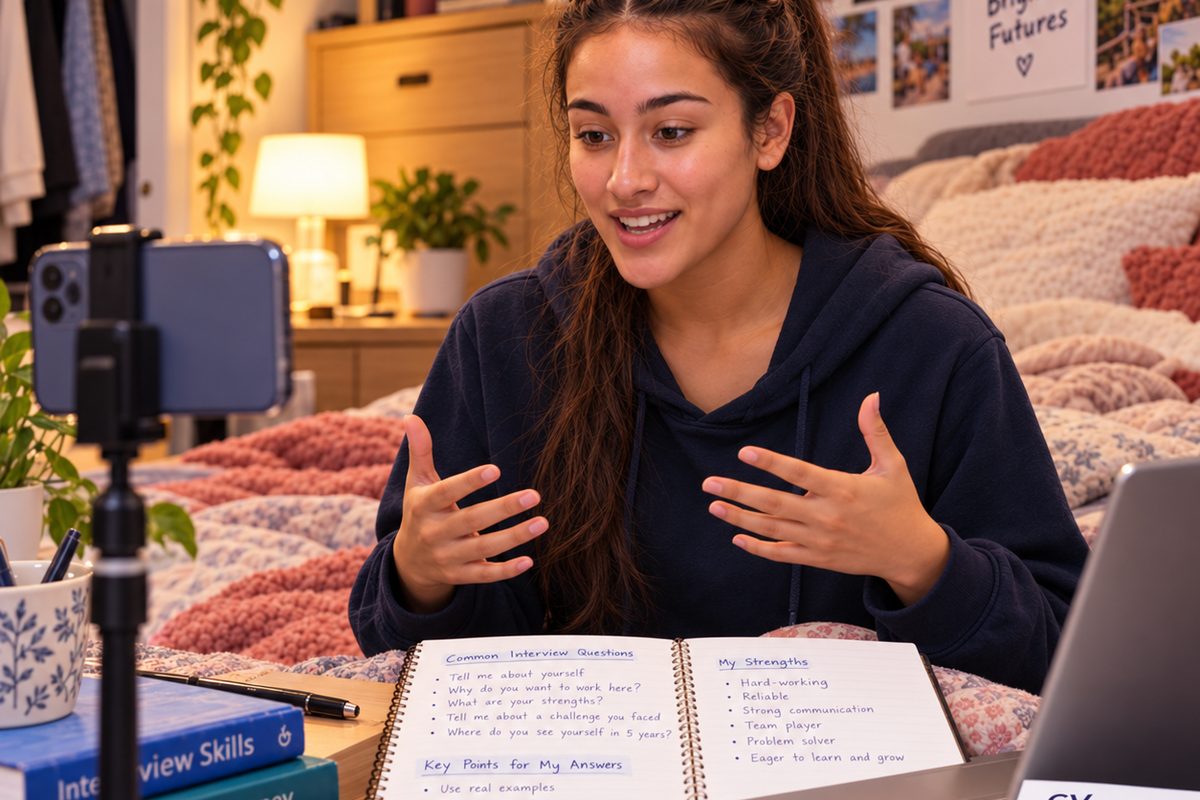 A woman answers out loud to a phone propped on a tripod, with an open notebook of common interview questions and her strengths in front of her.