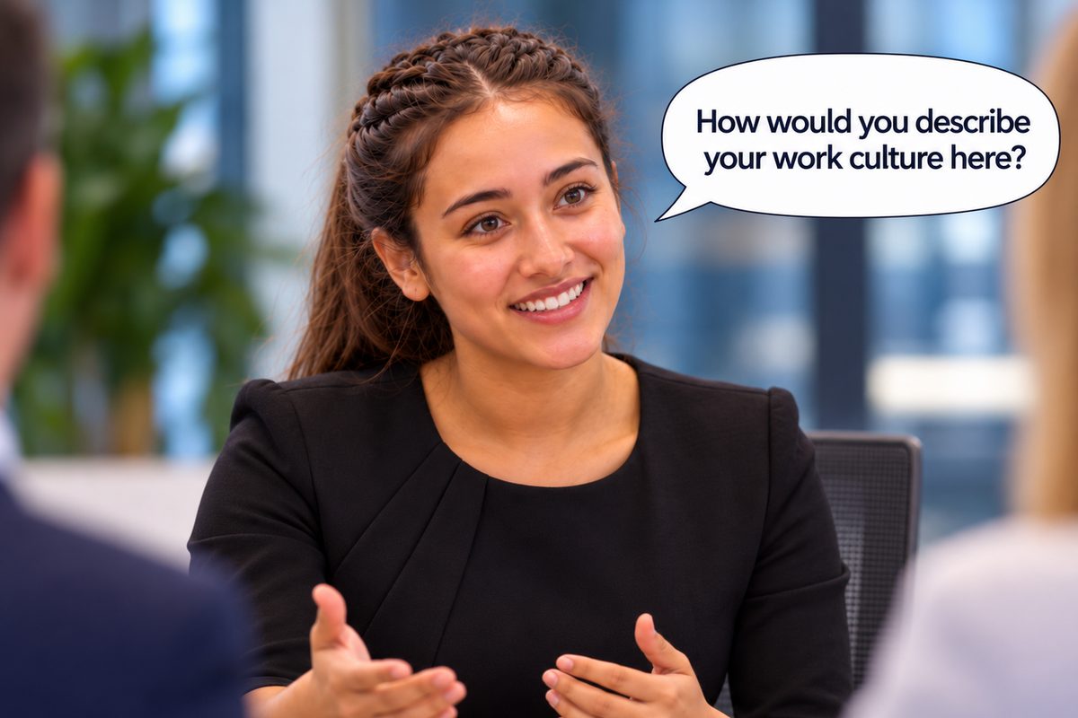 A woman in a black top smiles and gestures at an interview table, with a speech bubble beside her reading How would you describe your work culture here?