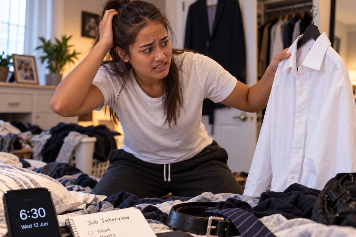A woman kneels on her bed at 6:30 in the morning holding up a white shirt with a hand on her head, clothes, a tie and an unticked job interview checklist spread across the covers.