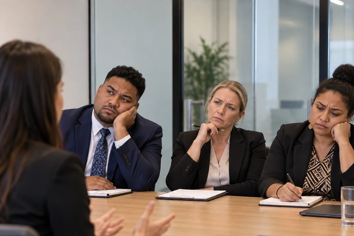 Three people on an interview panel sit with their chins on their hands looking unimpressed while a candidate, seen from behind, talks and gestures.