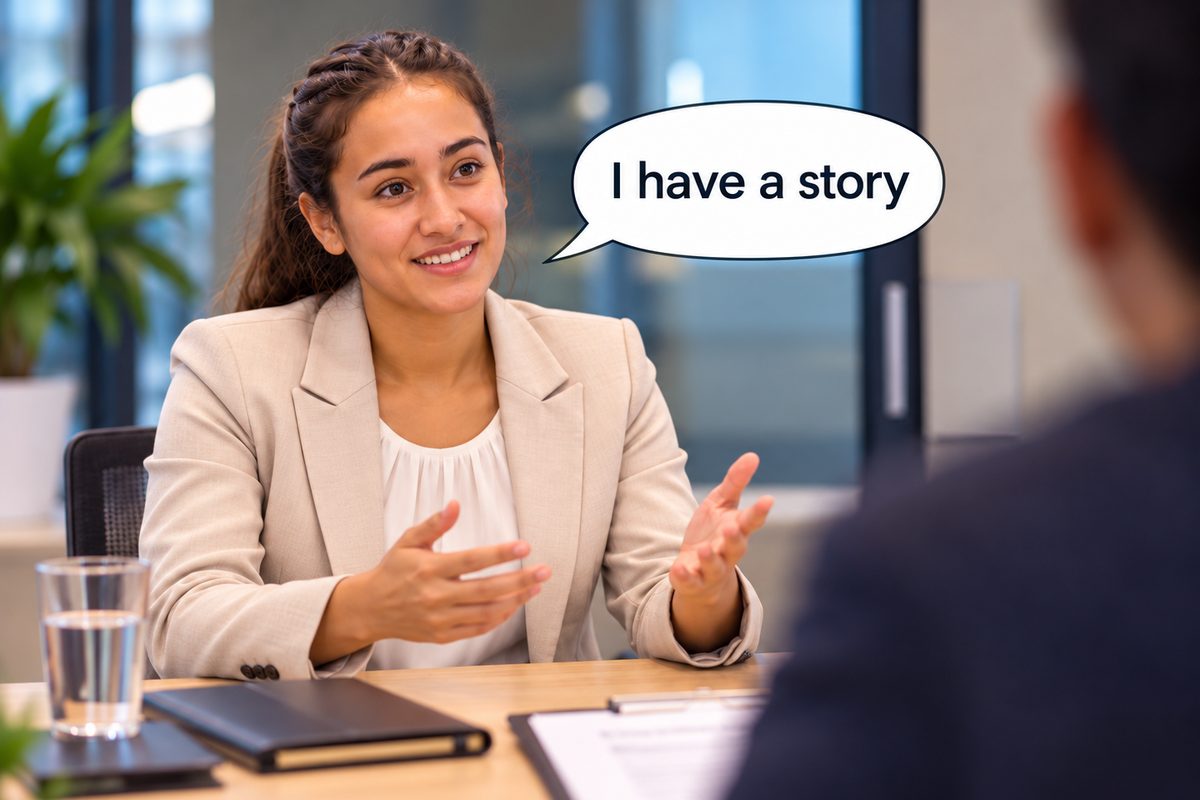A woman in a cream blazer talks with her hands at an interview table, with a speech bubble beside her reading I have a story.