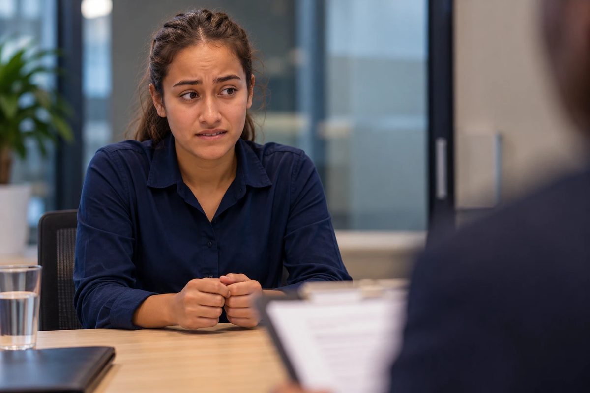 A young woman in a navy shirt sits across a table from an interviewer holding her CV, hands clasped, caught mid answer and unsure.