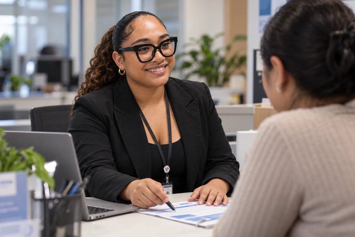 A woman in a black blazer with a work lanyard smiles as she goes through a form with a client across her desk.