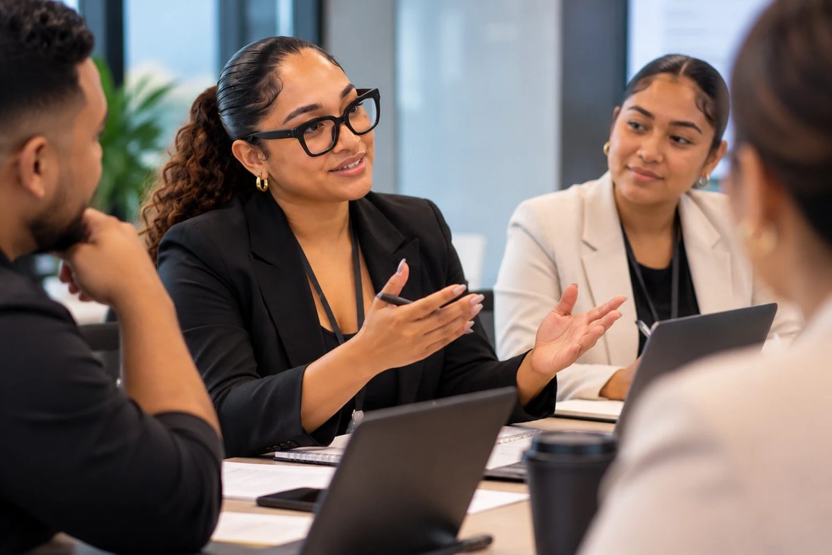 A woman in a black blazer speaks with open hands at a meeting table, offering a point while her colleagues listen.