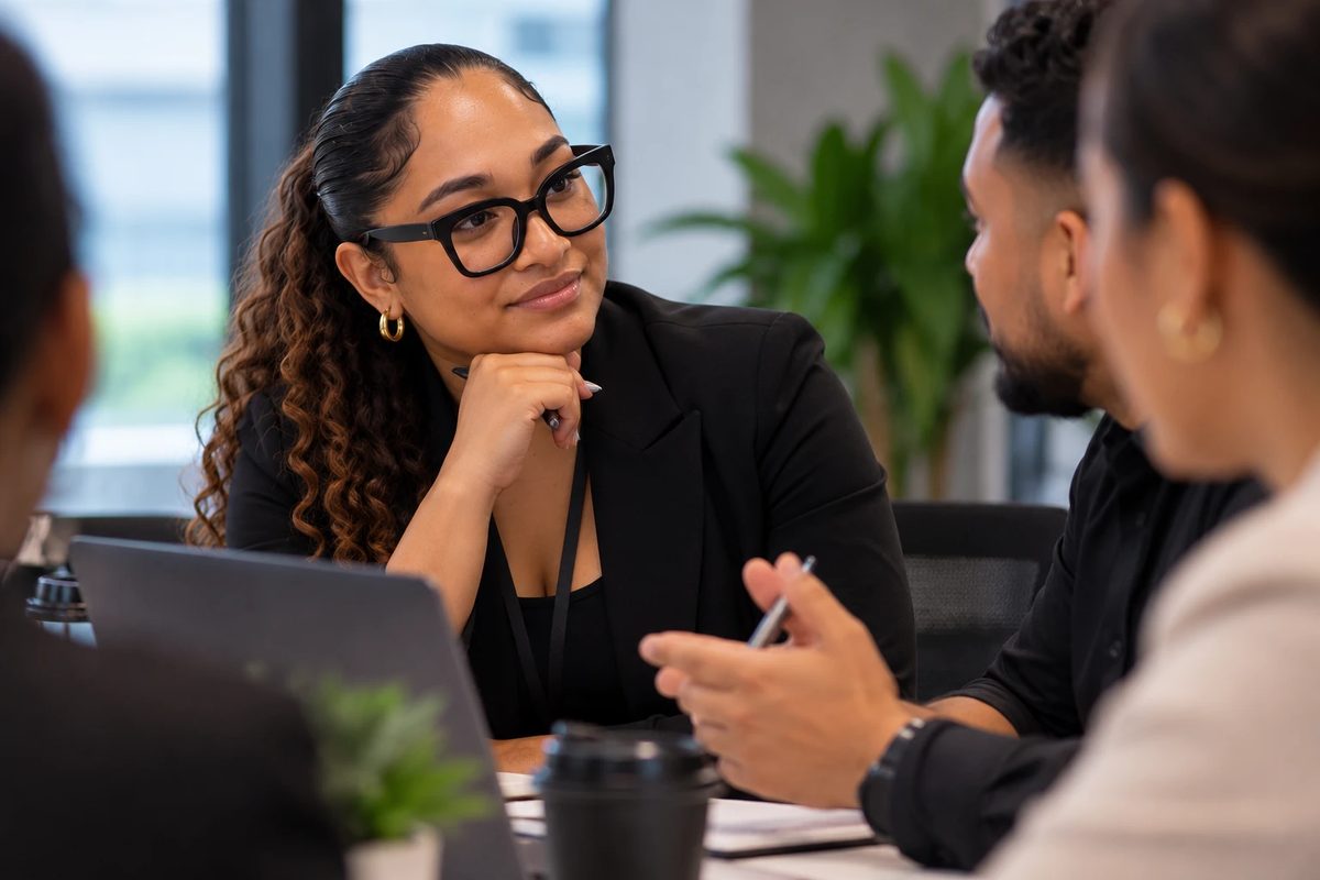 A woman in a black blazer listens closely at a meeting table, pen in hand, as a colleague across from her makes a point.