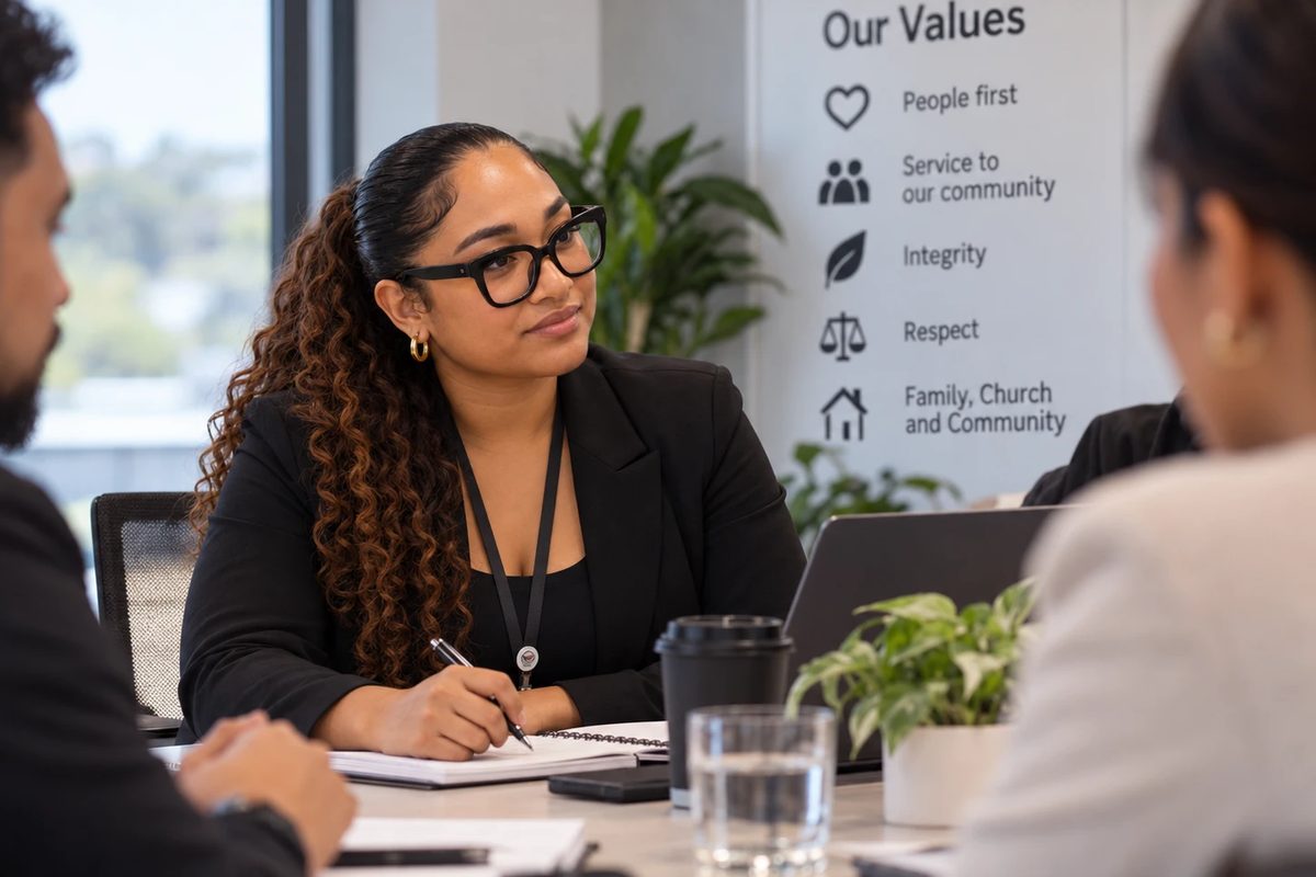 A woman takes notes at a meeting table in front of a wall headed Our Values, listing People first, Service to our community, Integrity, Respect, and Family, Church and Community.