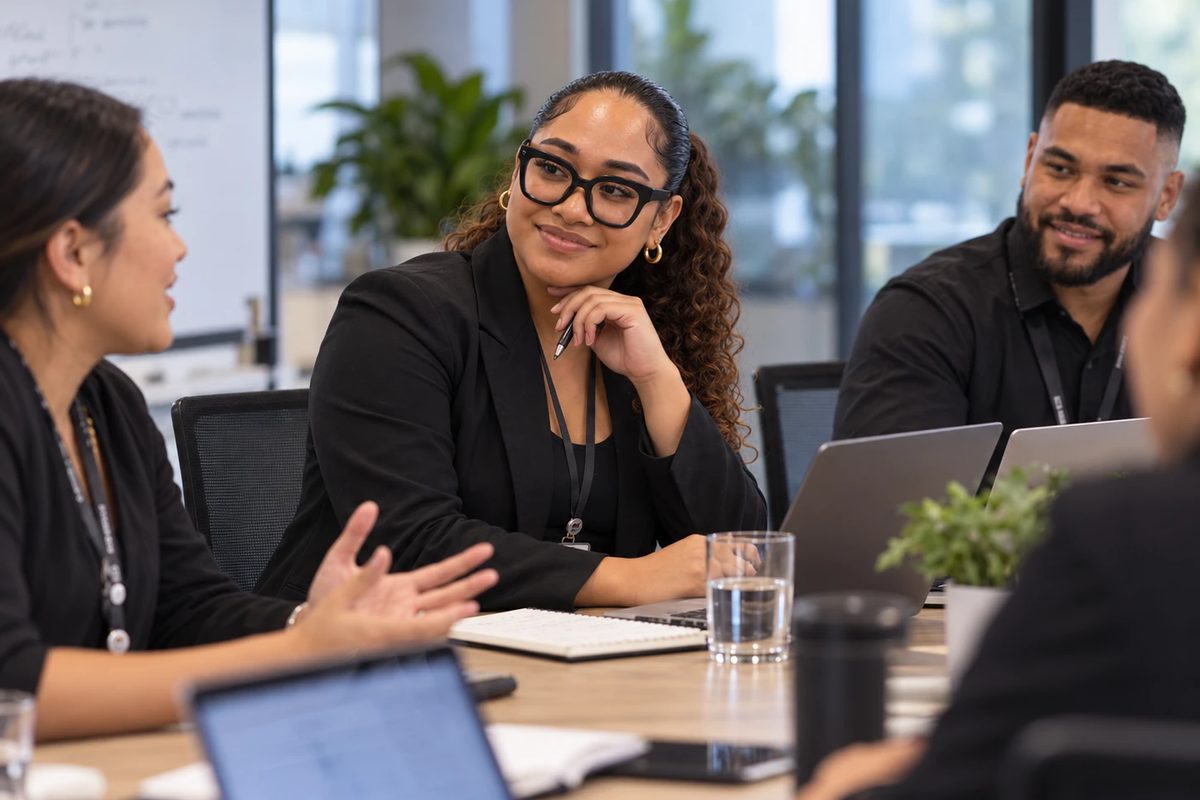 A woman in a black blazer listens at a meeting table, chin on her hand, while a colleague talks and others around the table look on.