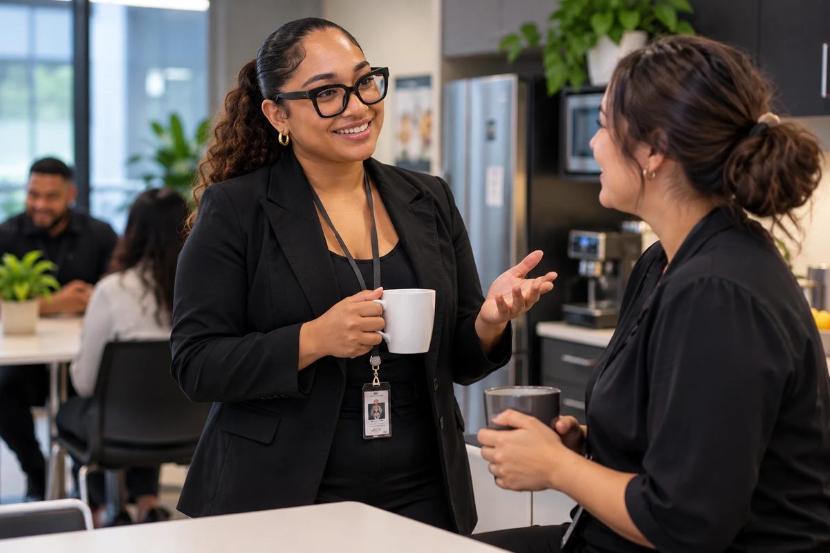Two colleagues stand talking easily over a cup of tea in an office kitchen, the woman in the black blazer mid sentence and the other listening and smiling.