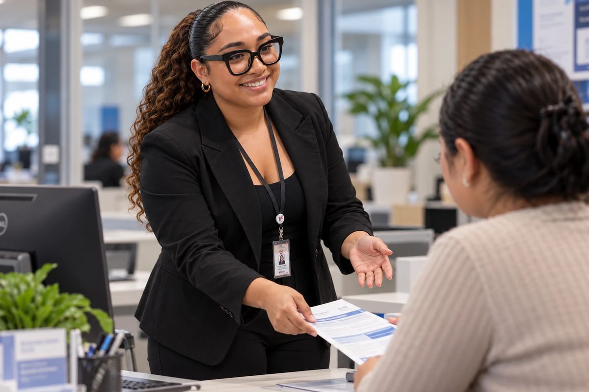 A woman in a black blazer with a work lanyard leans across a counter, smiling and handing a form to someone she is helping.