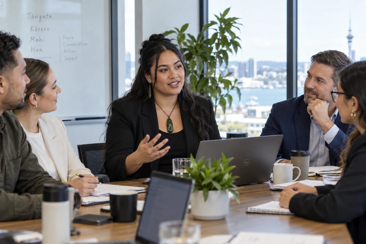 A woman in a black blazer speaks at a boardroom table, wearing pounamu at her neck and pounamu earrings, her hair worn long and loose. Four colleagues are turned towards her listening, with Auckland harbour through the window behind.
