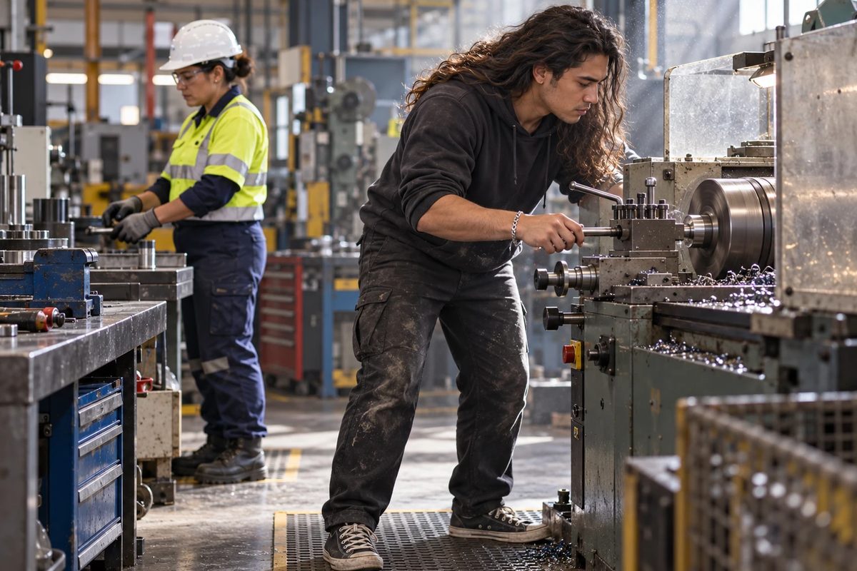 A young man works at a lathe in a workshop with his long hair loose, a bracelet on his wrist and canvas sneakers on his feet. Behind him a colleague at another bench wears a hard hat, safety glasses, hi vis, gloves, work trousers and steel capped boots.