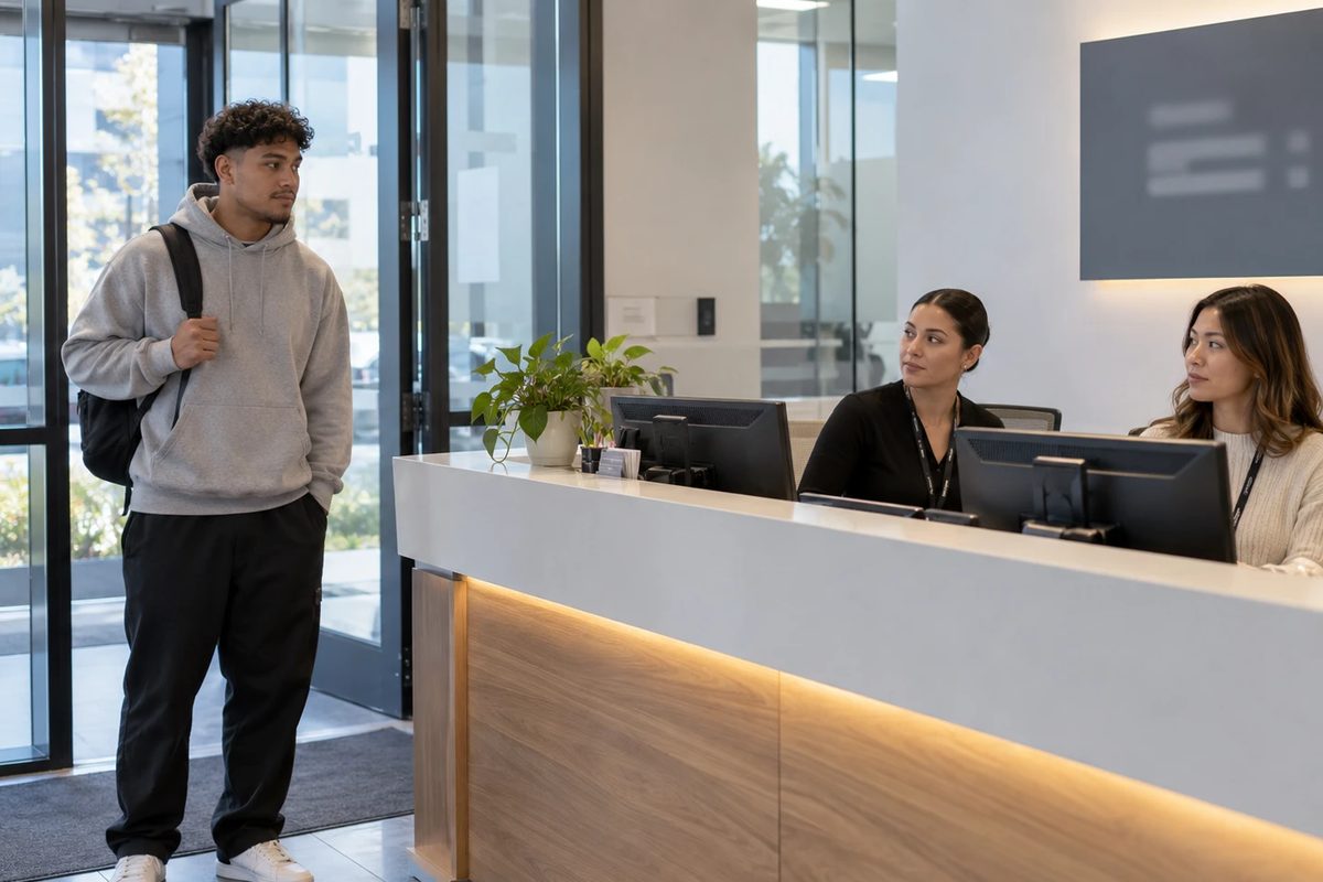 A young man in a grey hoodie, track pants and white trainers stands just inside an office reception with his bag on his shoulder. Both people behind the desk have looked up at him.