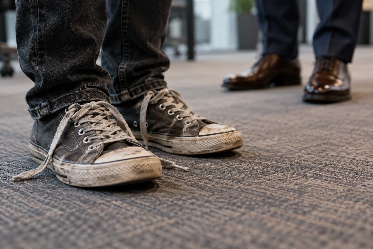 Close on a pair of scuffed canvas sneakers with loose laces on an office carpet, with two pairs of polished brown leather shoes standing further back.