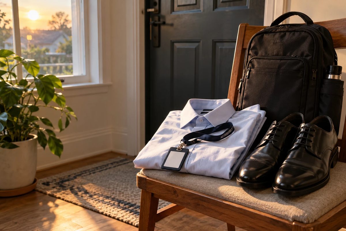 A folded ironed shirt with a work lanyard on top, polished black shoes and a packed bag, laid out ready on a chair by the front door in early morning light.