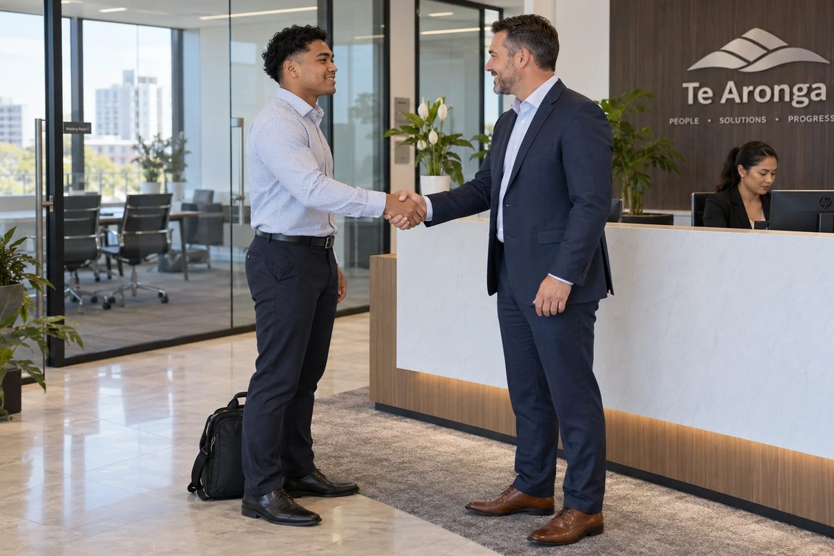 A young man in a pressed shirt, dark trousers and polished shoes shakes hands with a manager in a suit in an office reception, his bag set down beside him.