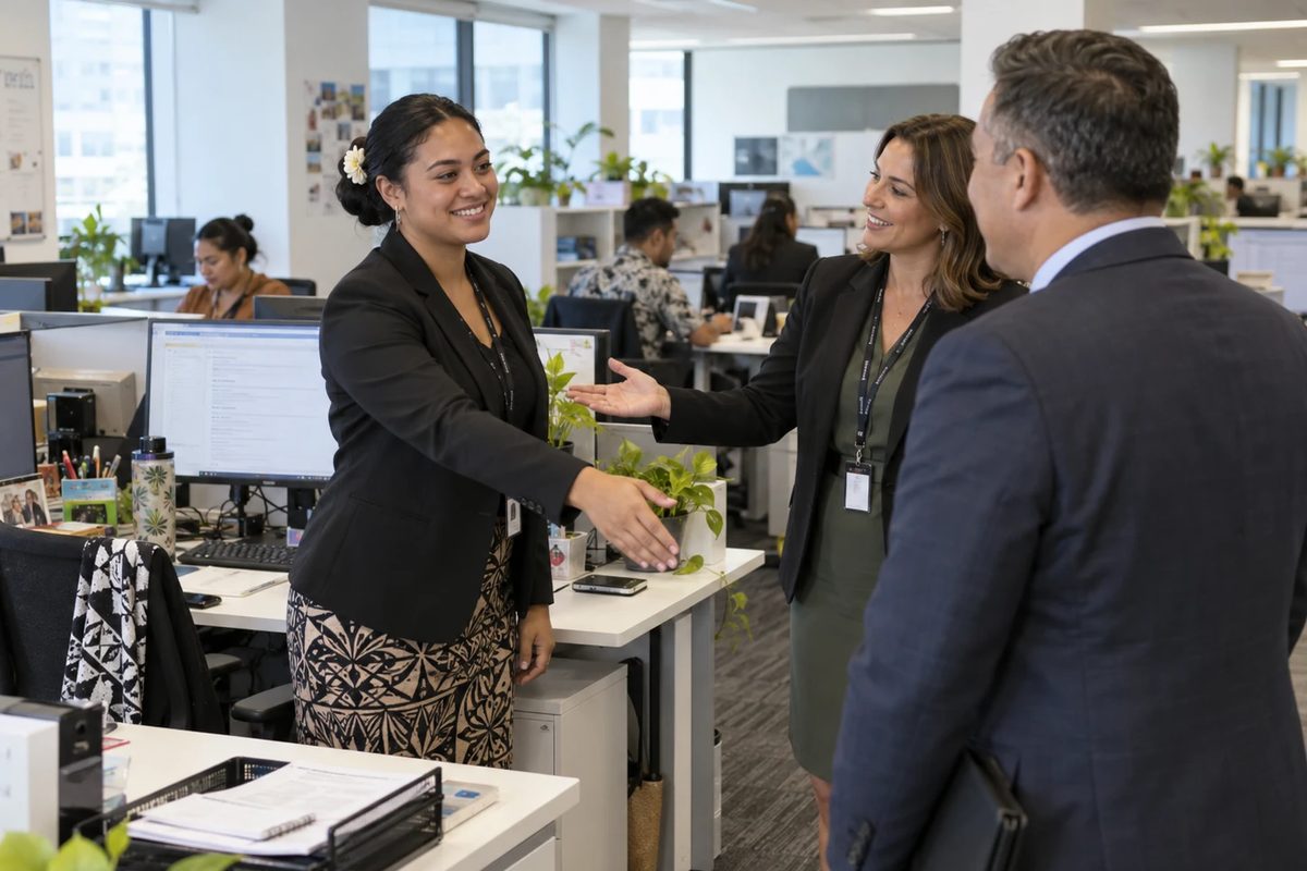 A woman in a black blazer and a siapo patterned skirt, a flower in her hair, stands at her desk and reaches out to shake hands with a client her manager has brought over to meet her.