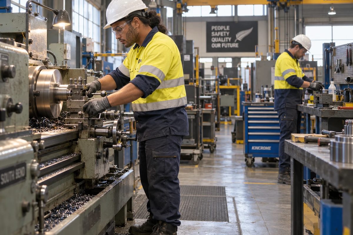 A man works at a lathe in a hard hat, safety glasses, hi vis, gloves, work trousers and steel capped boots, with his hair tied back. A colleague in the same gear works further down the workshop.