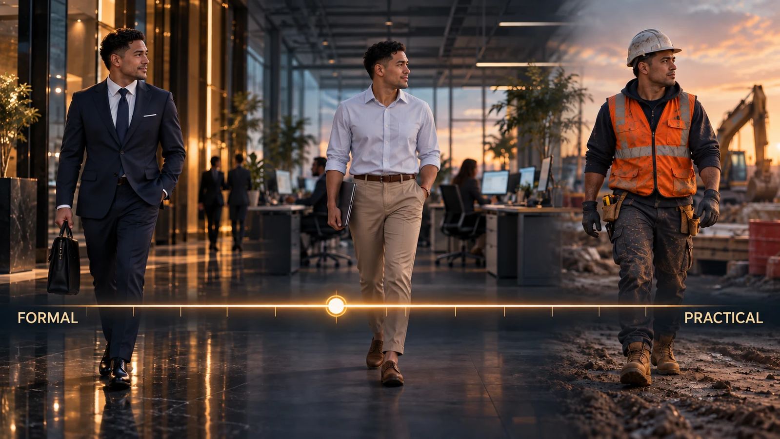 A dial running across the picture from FORMAL on the left to PRACTICAL on the right, with the pointer left of centre. Three men walk along it: one in a navy suit in a corporate lobby, one in a white shirt and chinos in an open plan office, and one in an orange hi vis vest and hard hat on a worksite. The three scenes blend into one.